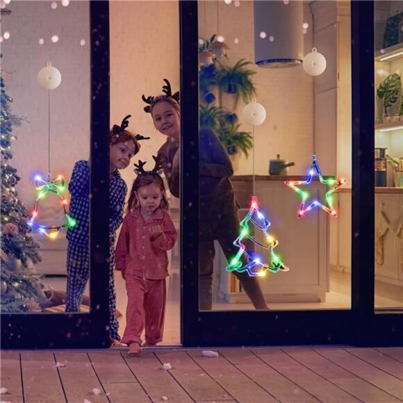 3Pcs Christmas Window Lights - Battery Powered LED Tree, Bell & Star Shaped - Picture 3 of 7